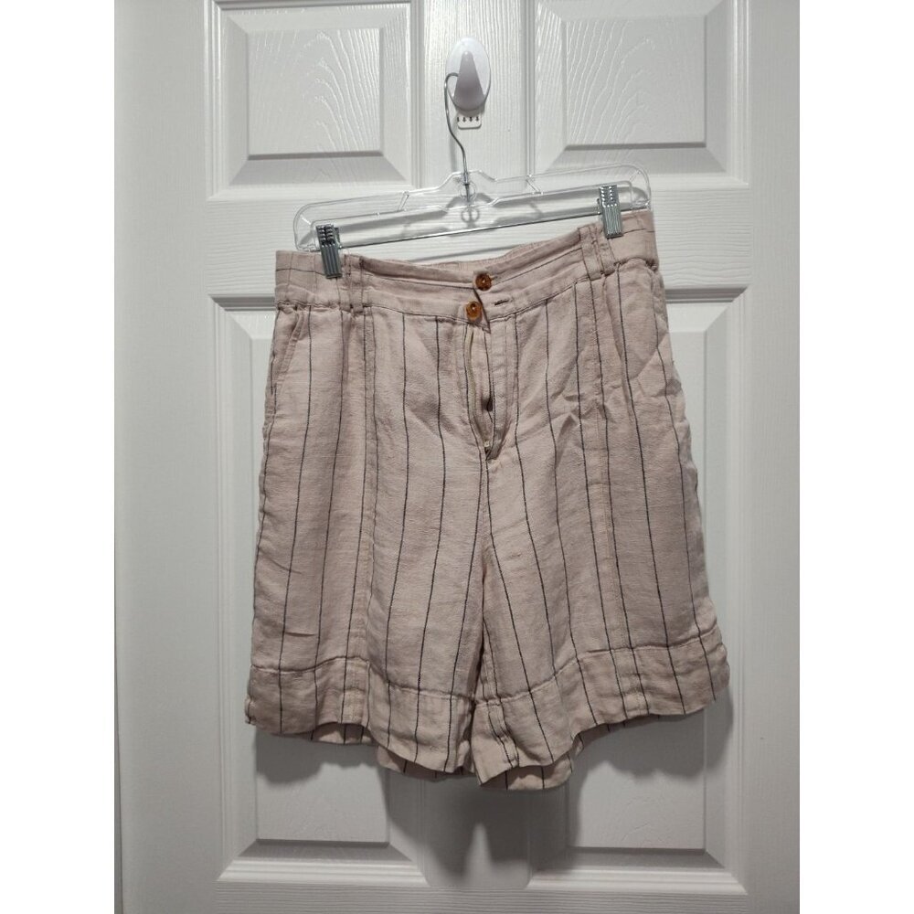 Soft Surroundings Tan Khaki Montecito 100% Linen Shorts Size‎ Small Blue Stripe - Picture 8 of 9